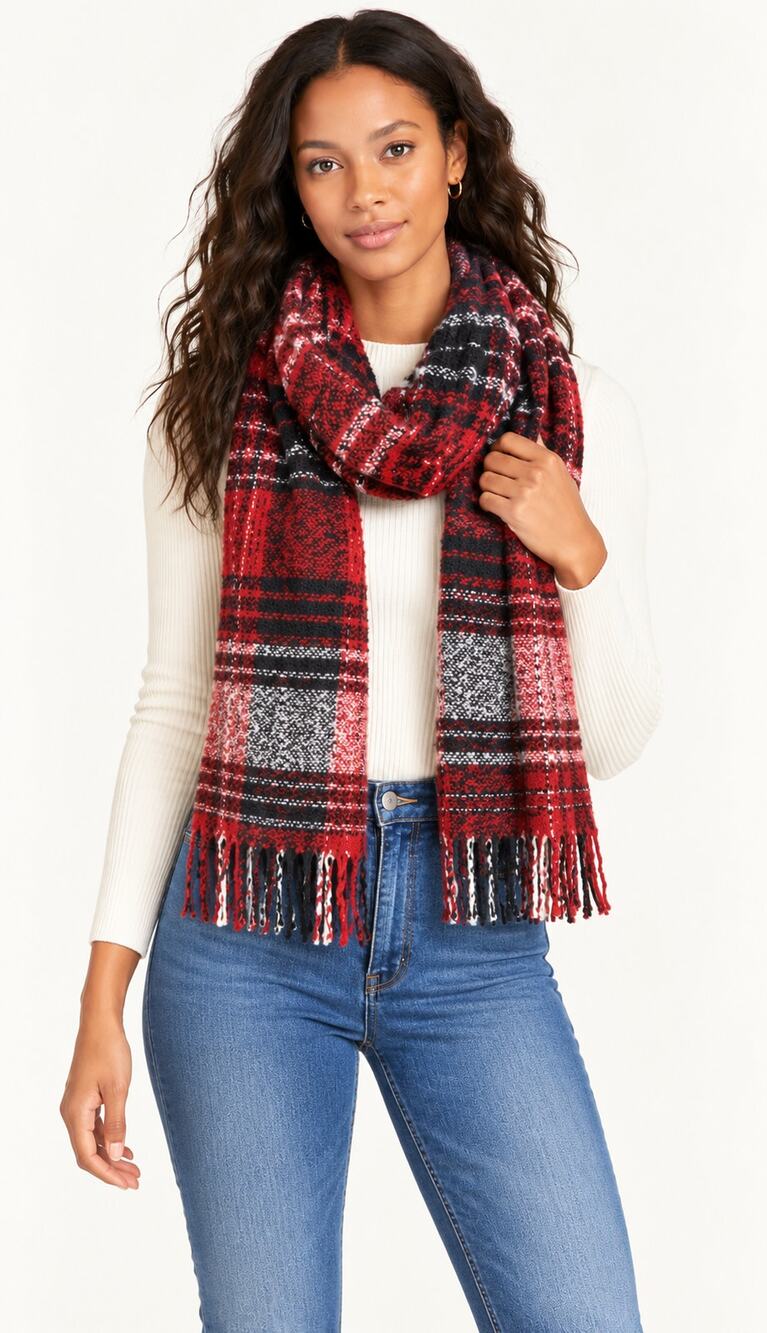Steve Madden Plaid Blanket Scarf With Fringe Red Black White. Womens One Size